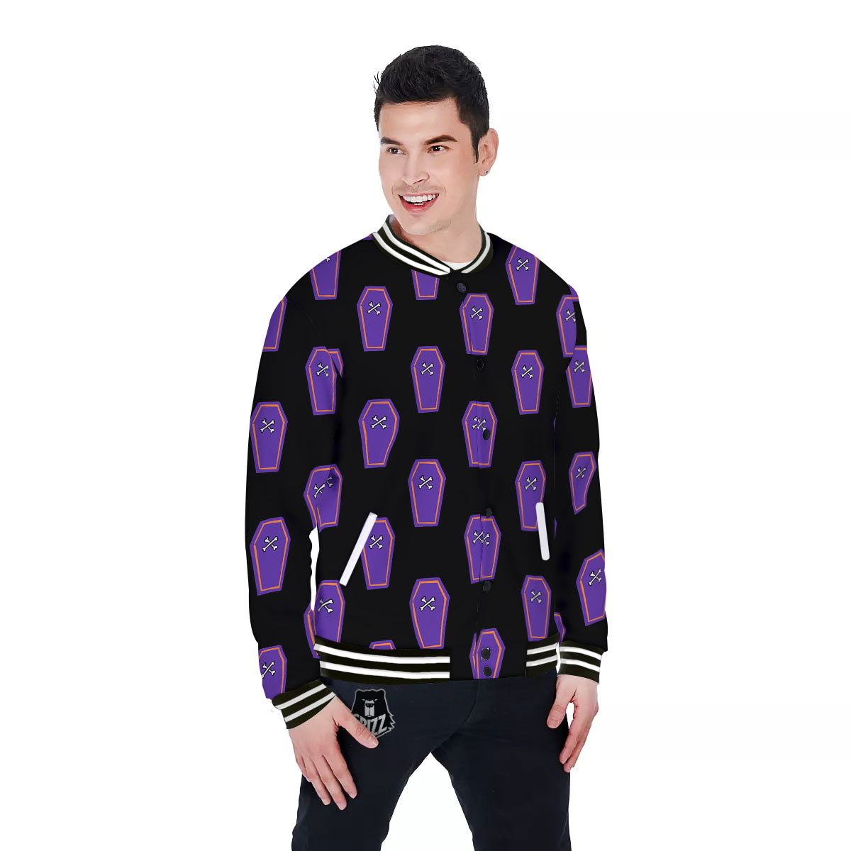 Halloween Coffin Purple Print Pattern Baseball Jacket-grizzshop