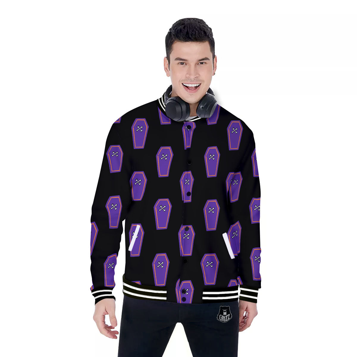 Halloween Coffin Purple Print Pattern Baseball Jacket-grizzshop