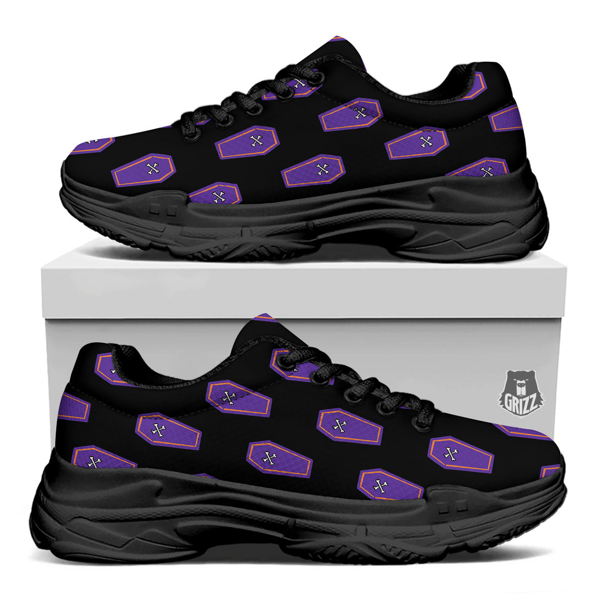 Halloween Coffin Purple Print Pattern Black Chunky Shoes-grizzshop