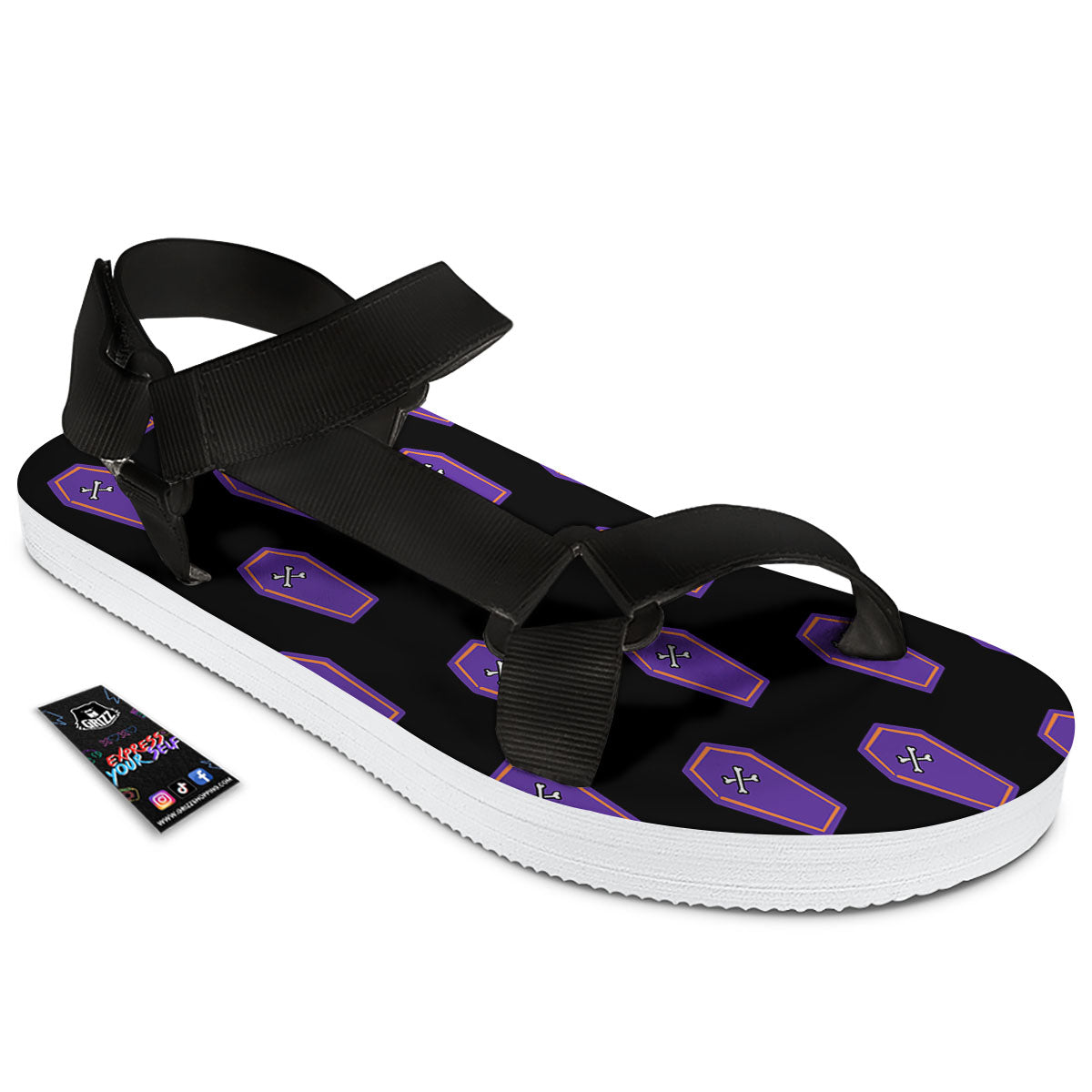 Halloween Coffin Purple Print Pattern Black Open Toe Sandals-grizzshop