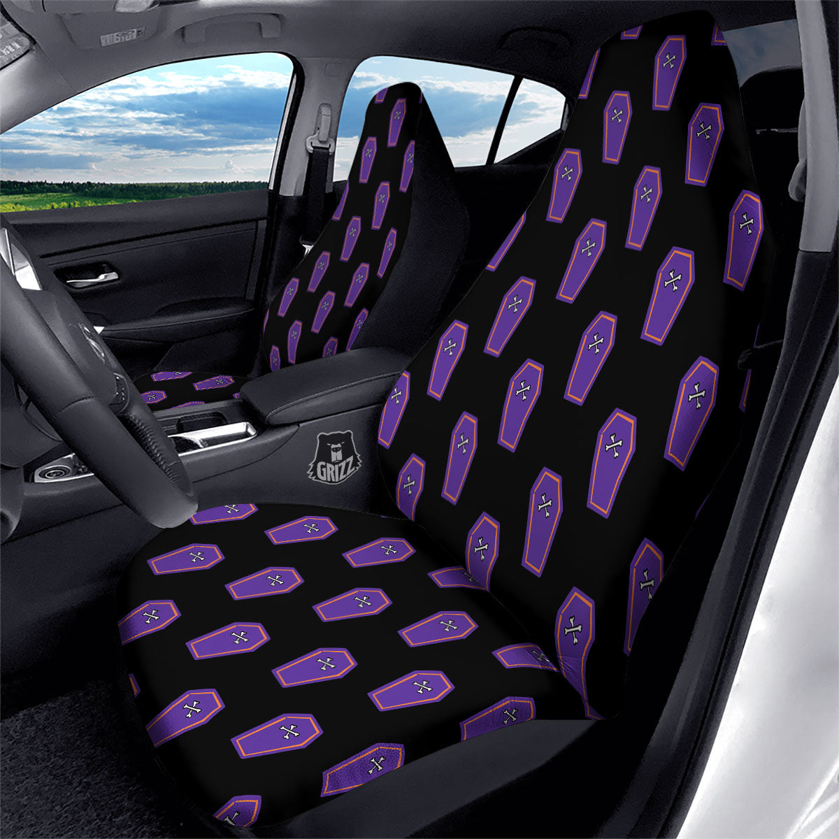 Halloween Coffin Purple Print Pattern Car Seat Covers-grizzshop