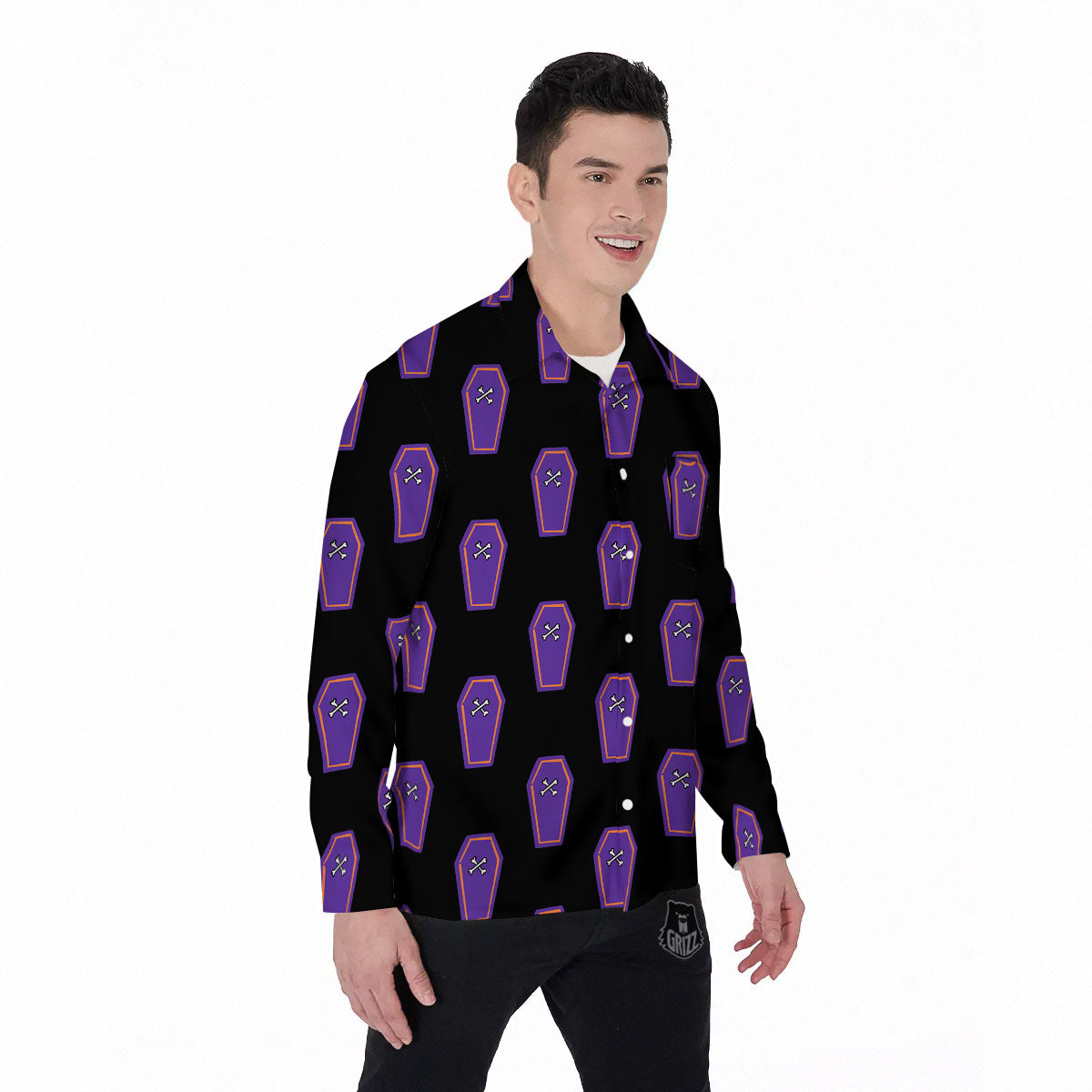 Halloween Coffin Purple Print Pattern Men's Long Sleeve Shirts-grizzshop