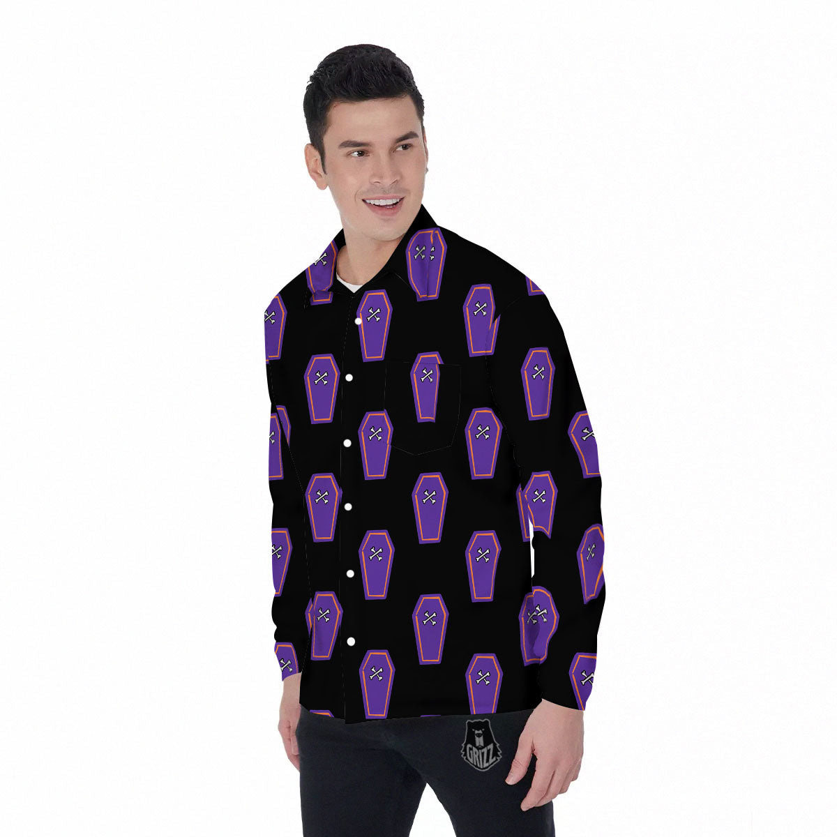Halloween Coffin Purple Print Pattern Men's Long Sleeve Shirts-grizzshop