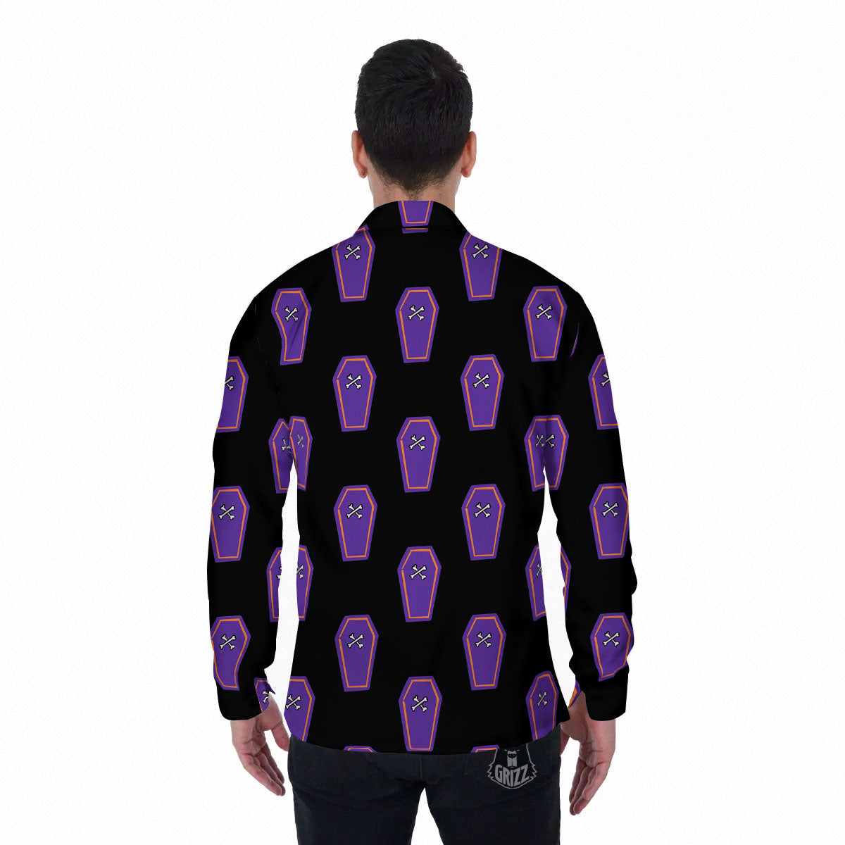Halloween Coffin Purple Print Pattern Men's Long Sleeve Shirts-grizzshop