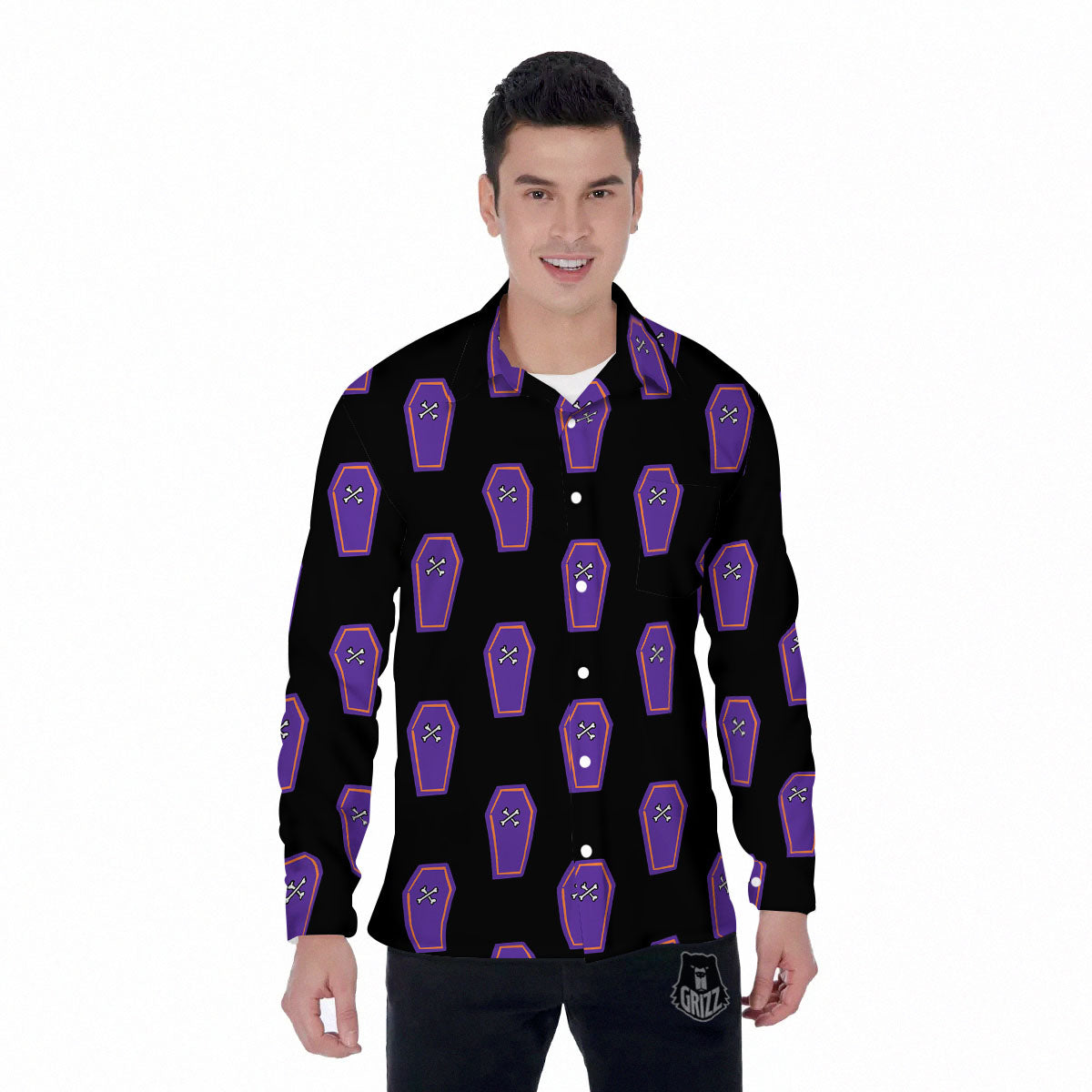 Halloween Coffin Purple Print Pattern Men's Long Sleeve Shirts-grizzshop
