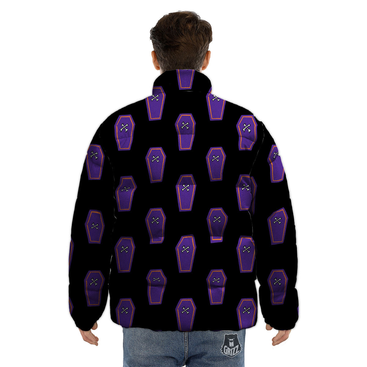 Halloween Coffin Purple Print Pattern Puffer Jacket-grizzshop