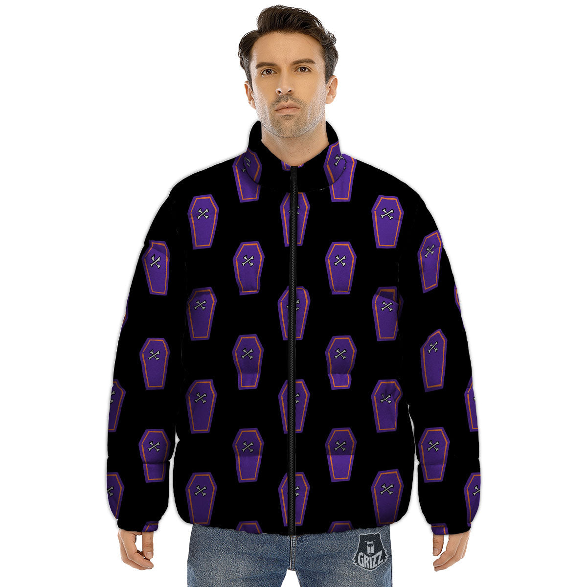 Halloween Coffin Purple Print Pattern Puffer Jacket-grizzshop