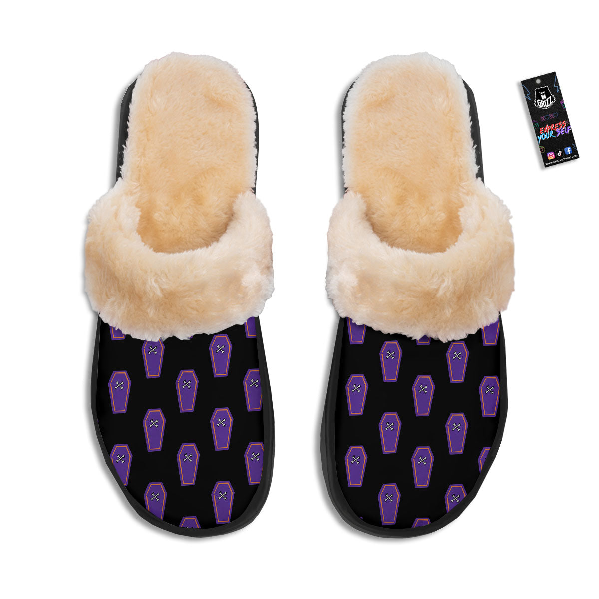 Halloween Coffin Purple Print Pattern Slippers-grizzshop
