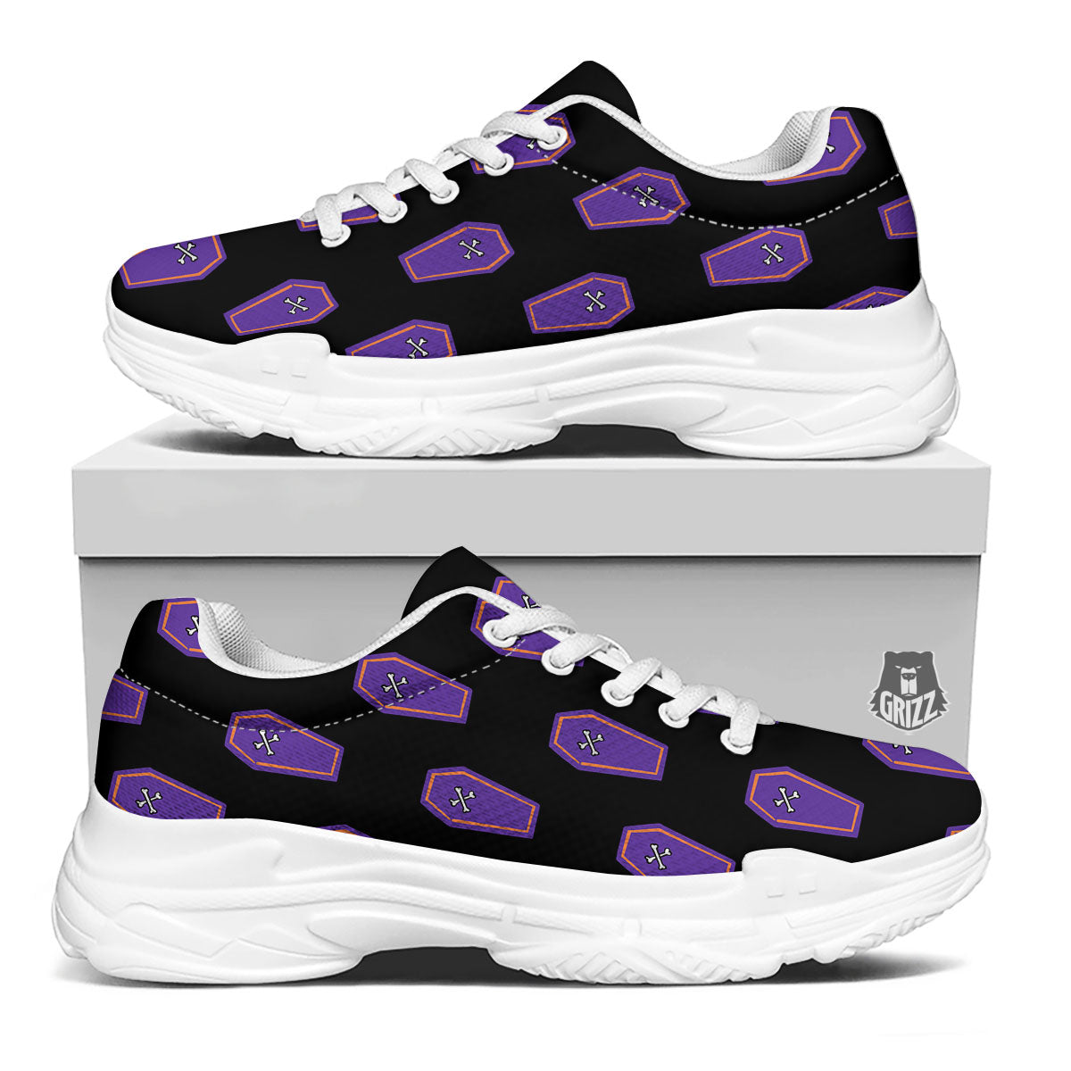 Halloween Coffin Purple Print Pattern White Chunky Shoes-grizzshop