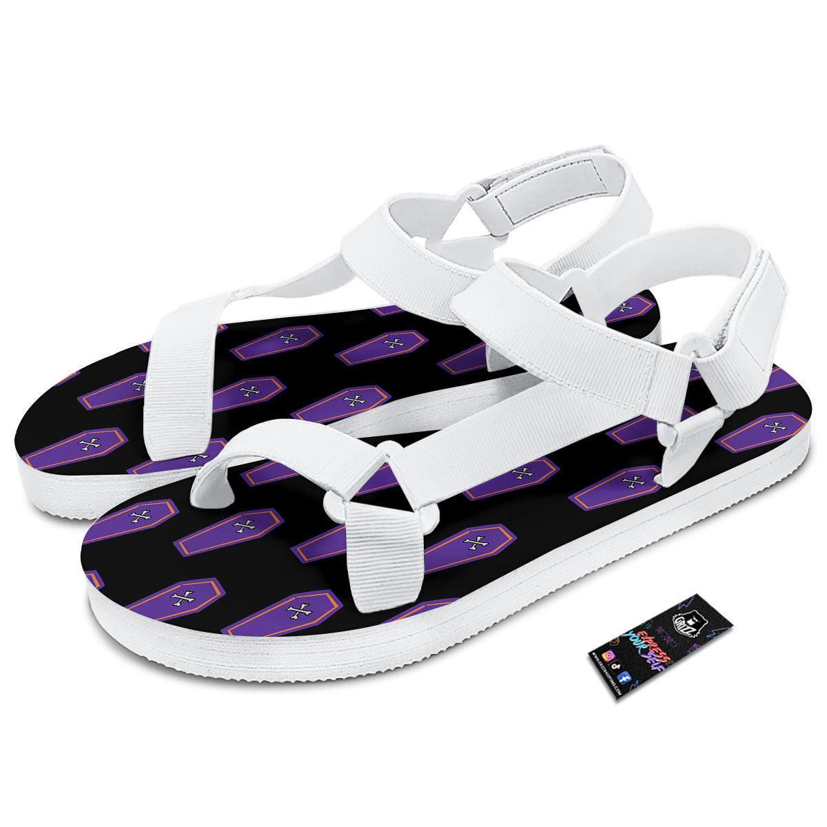 Halloween Coffin Purple Print Pattern White Open Toe Sandals-grizzshop