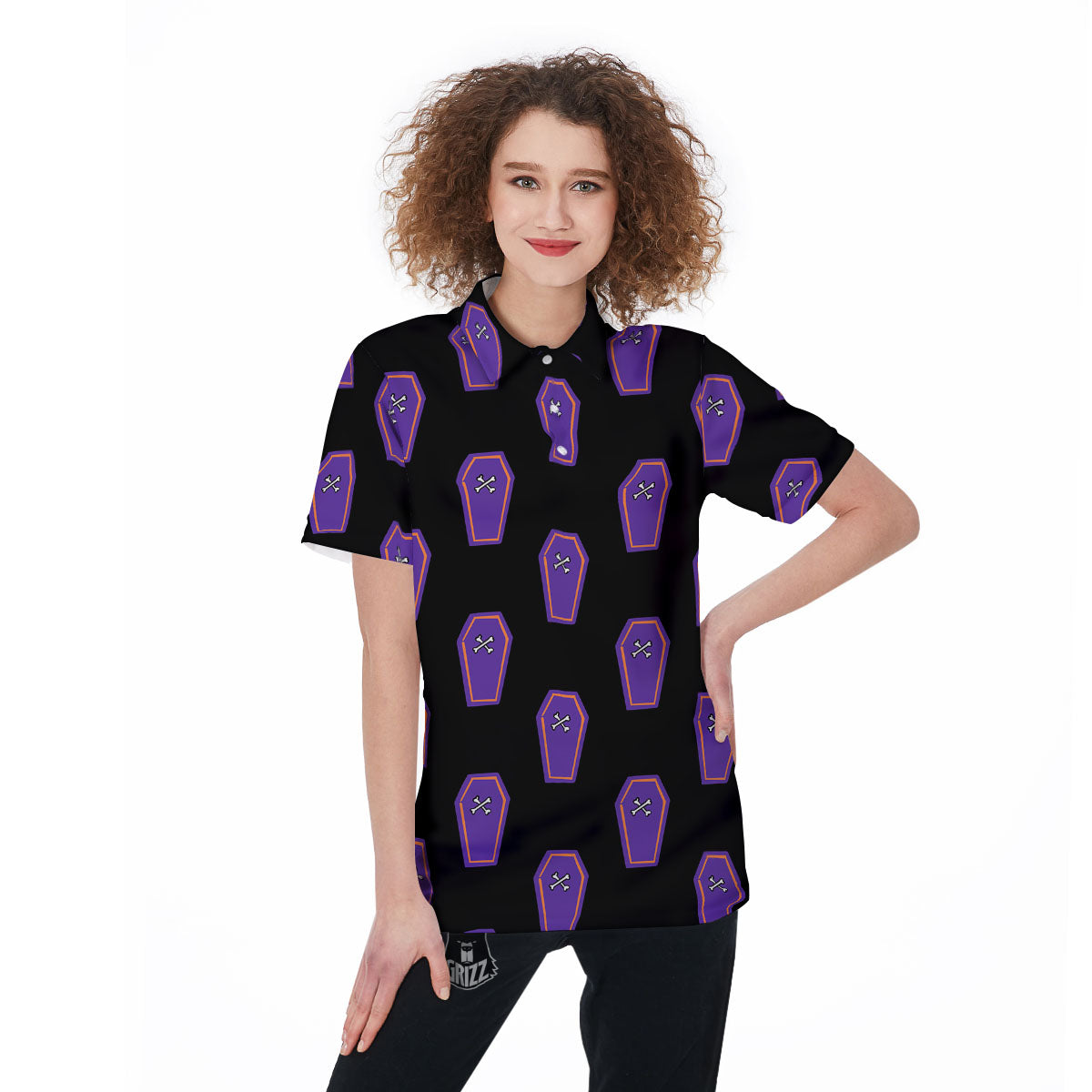 Halloween Coffin Purple Print Pattern Women's Golf Shirts-grizzshop