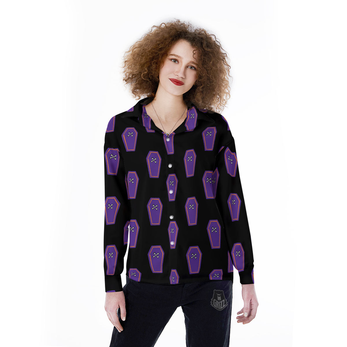 Halloween Coffin Purple Print Pattern Women's Long Sleeve Shirts-grizzshop