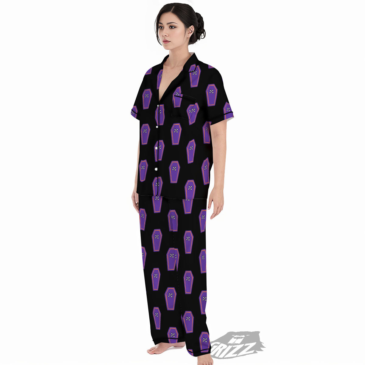 Halloween Coffin Purple Print Pattern Women's Pajamas Set-grizzshop