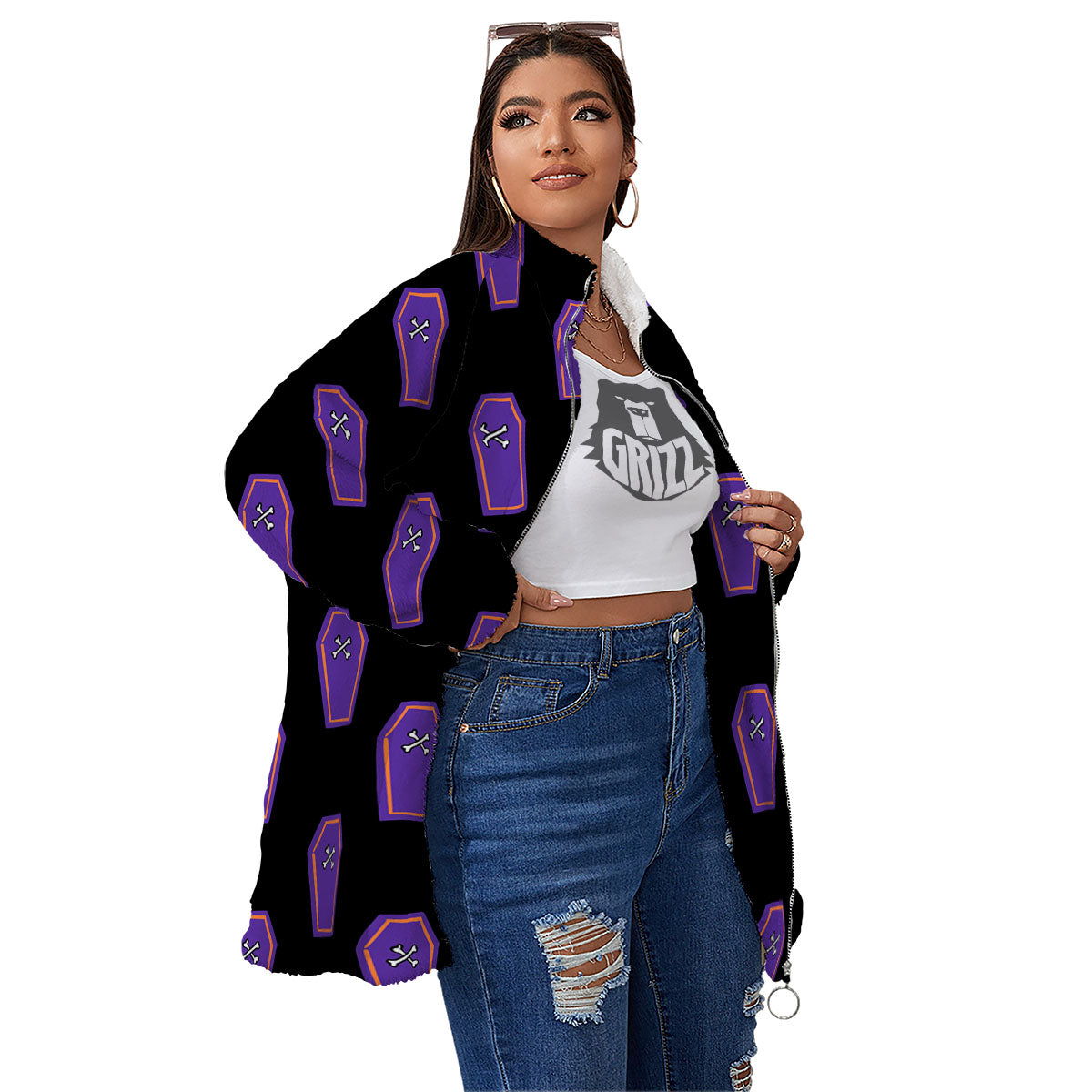 Halloween Coffin Purple Print Pattern Women's Sherpa Jacket-grizzshop