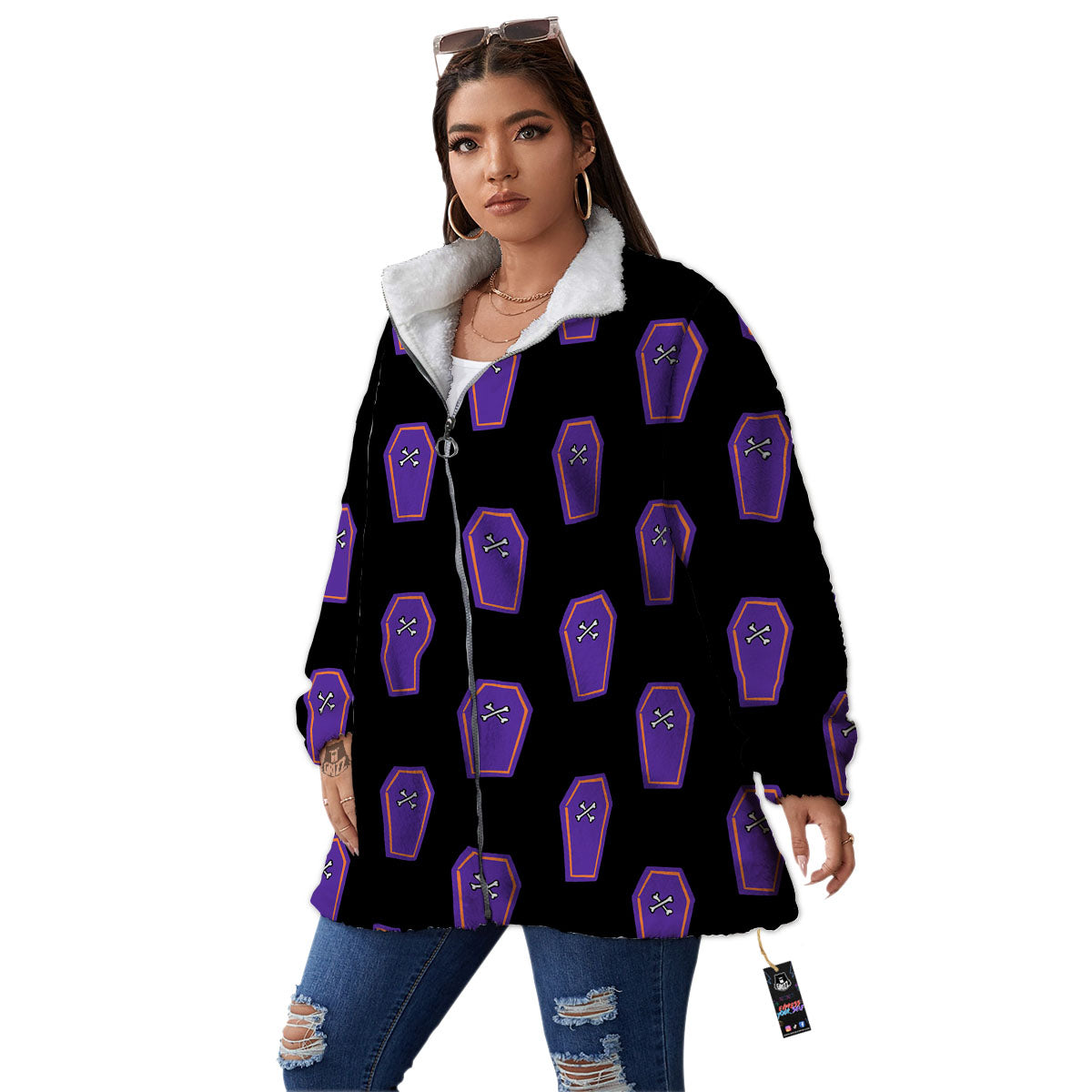 Halloween Coffin Purple Print Pattern Women's Sherpa Jacket-grizzshop