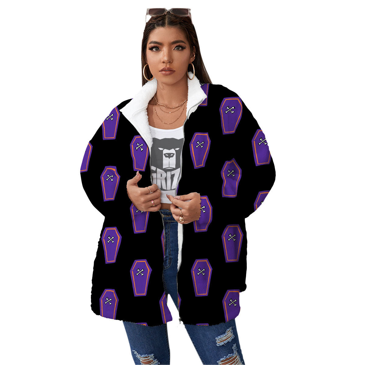 Halloween Coffin Purple Print Pattern Women's Sherpa Jacket-grizzshop