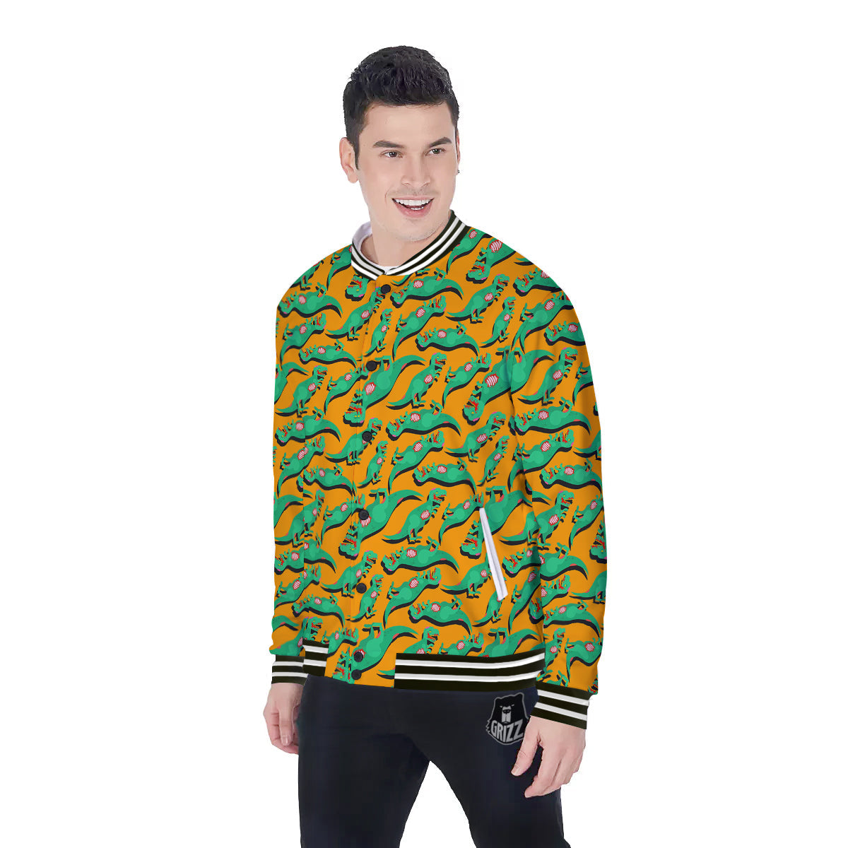 Halloween Cute Dino Print Pattern Baseball Jacket-grizzshop