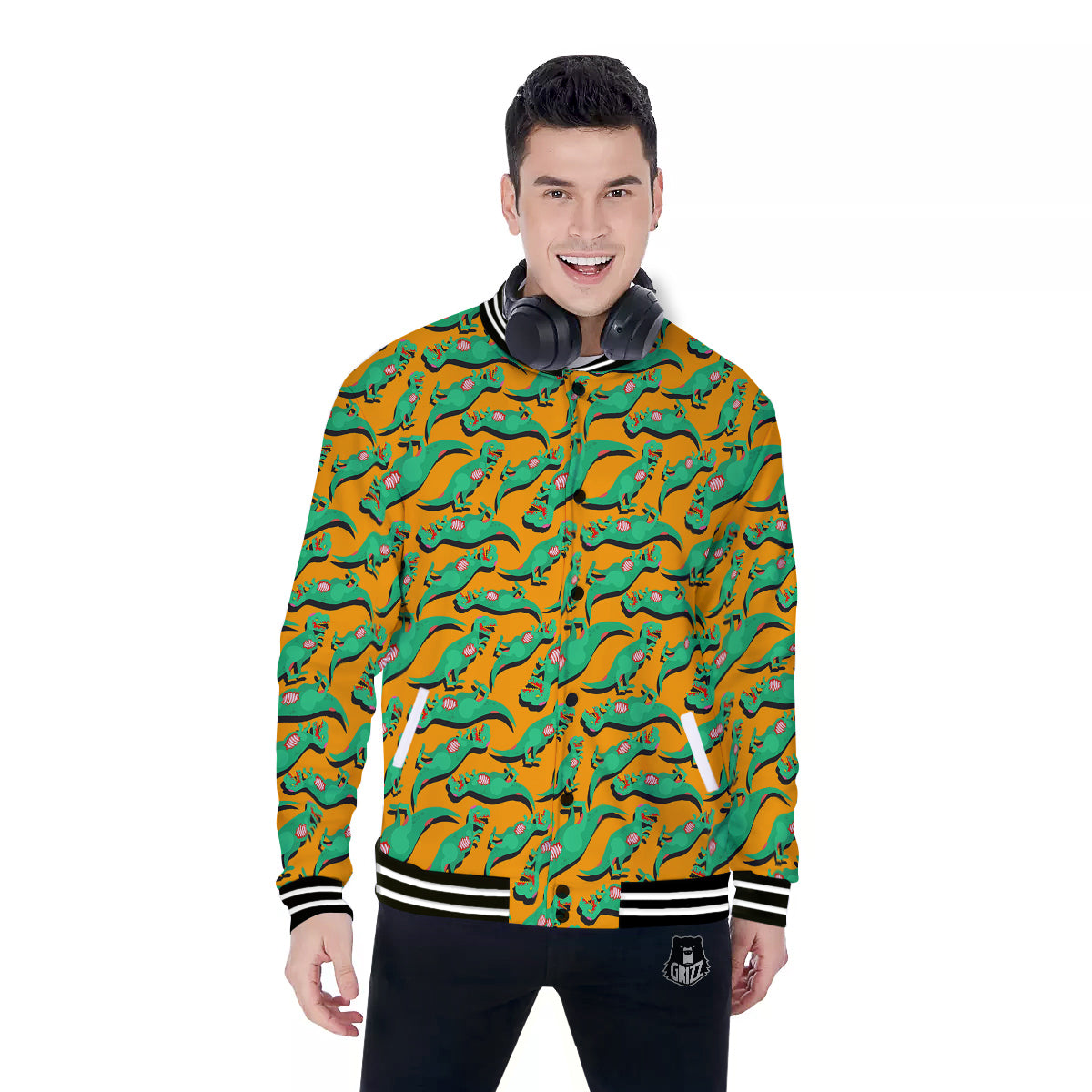 Halloween Cute Dino Print Pattern Baseball Jacket-grizzshop