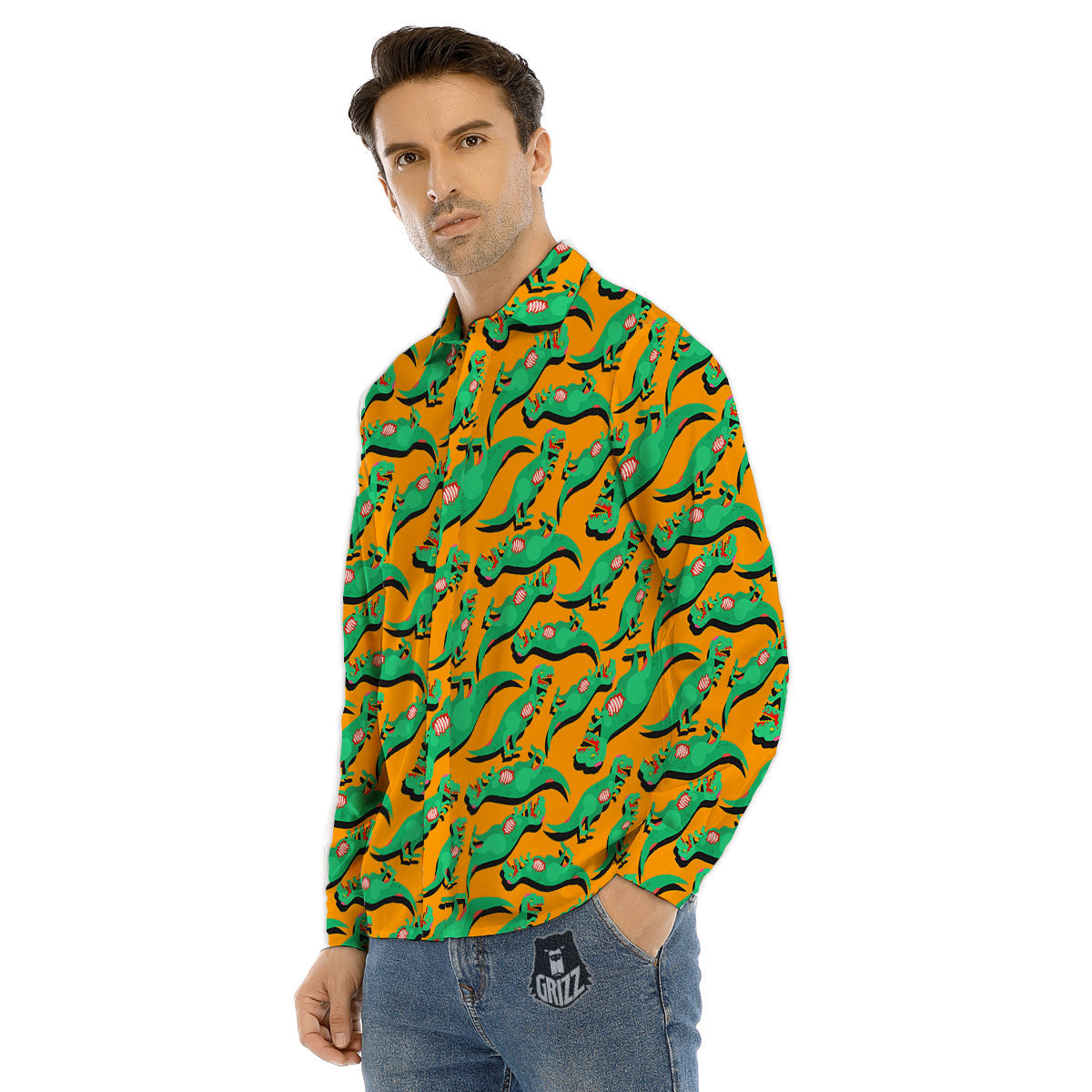 Halloween Cute Dino Print Pattern Men's Dress Shirts-grizzshop