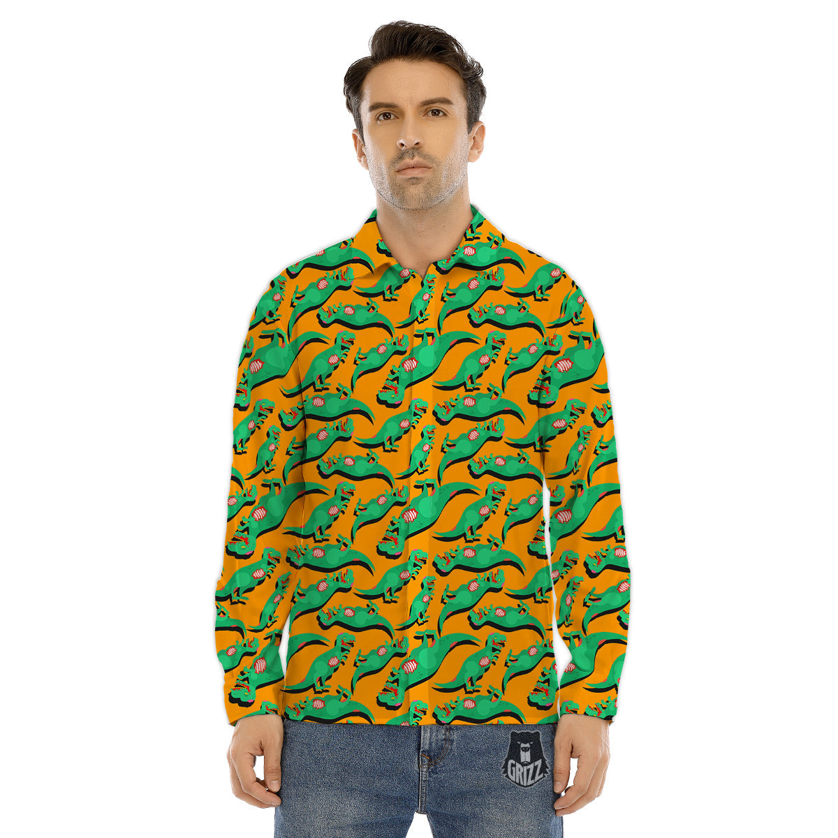 Halloween Cute Dino Print Pattern Men's Dress Shirts-grizzshop