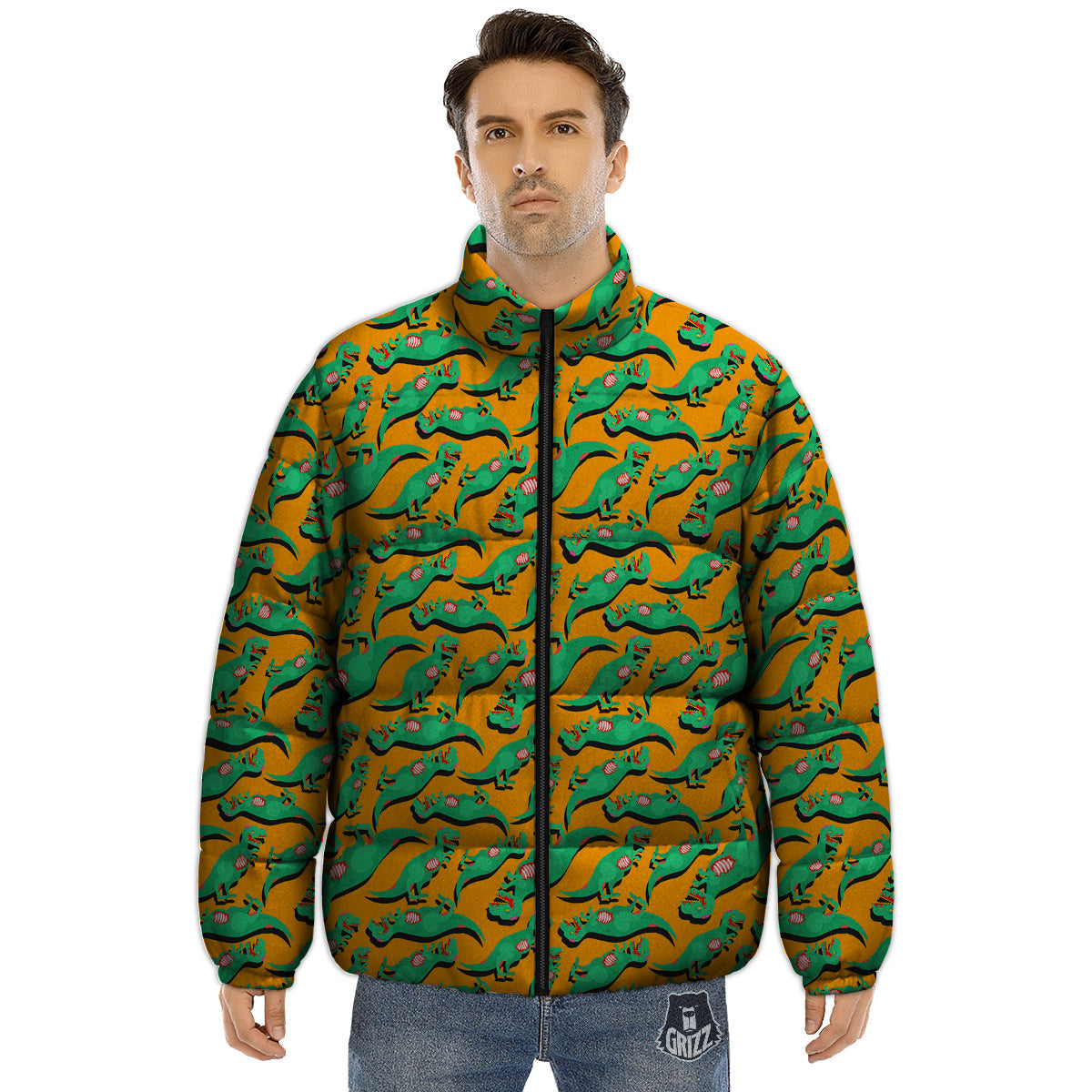 Halloween Cute Dino Print Pattern Puffer Jacket-grizzshop
