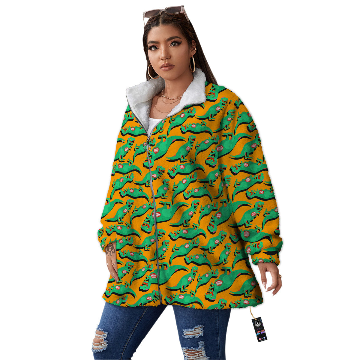 Halloween Cute Dino Print Pattern Women's Sherpa Jacket-grizzshop