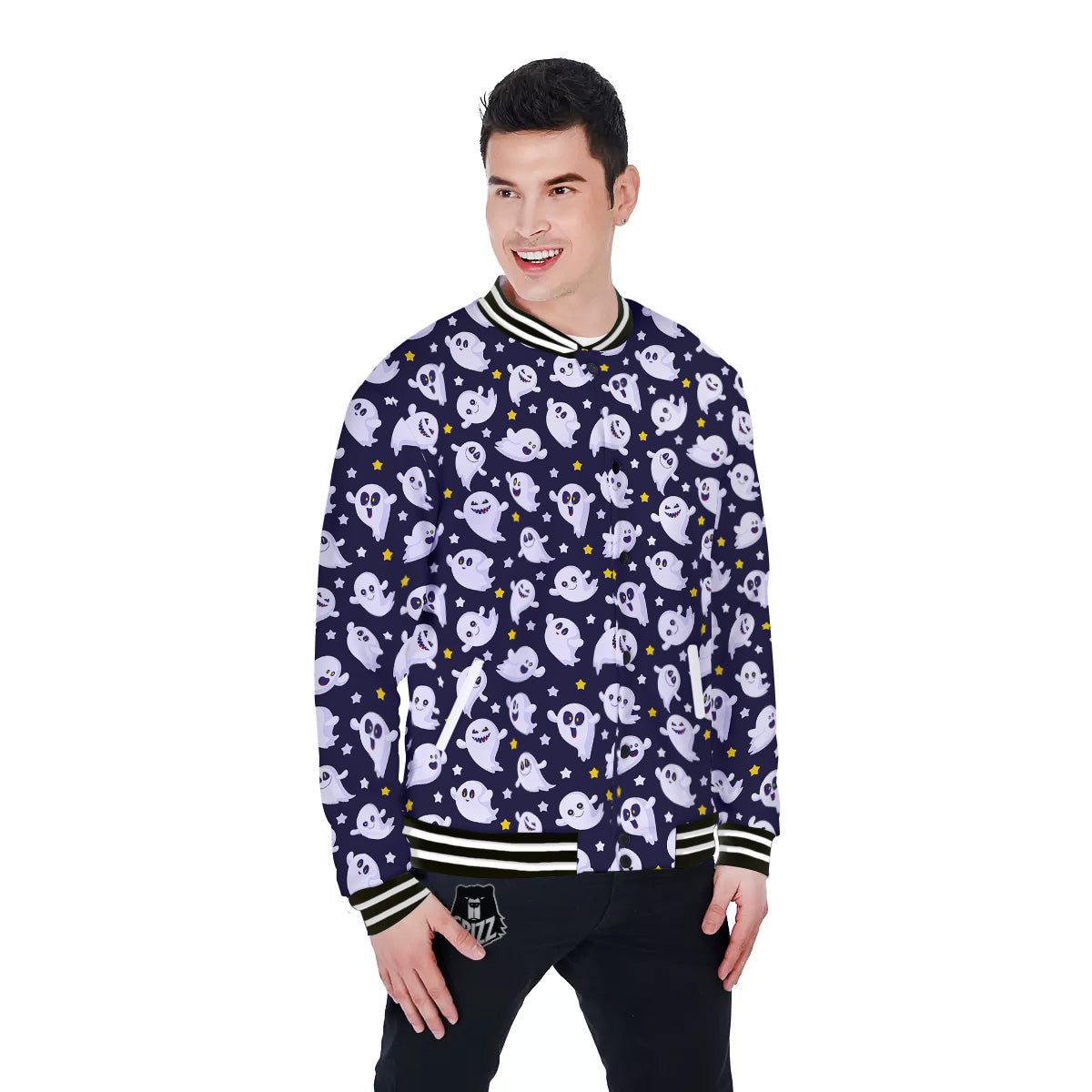 Halloween Cute Ghost Emoji Print Pattern Baseball Jacket-grizzshop