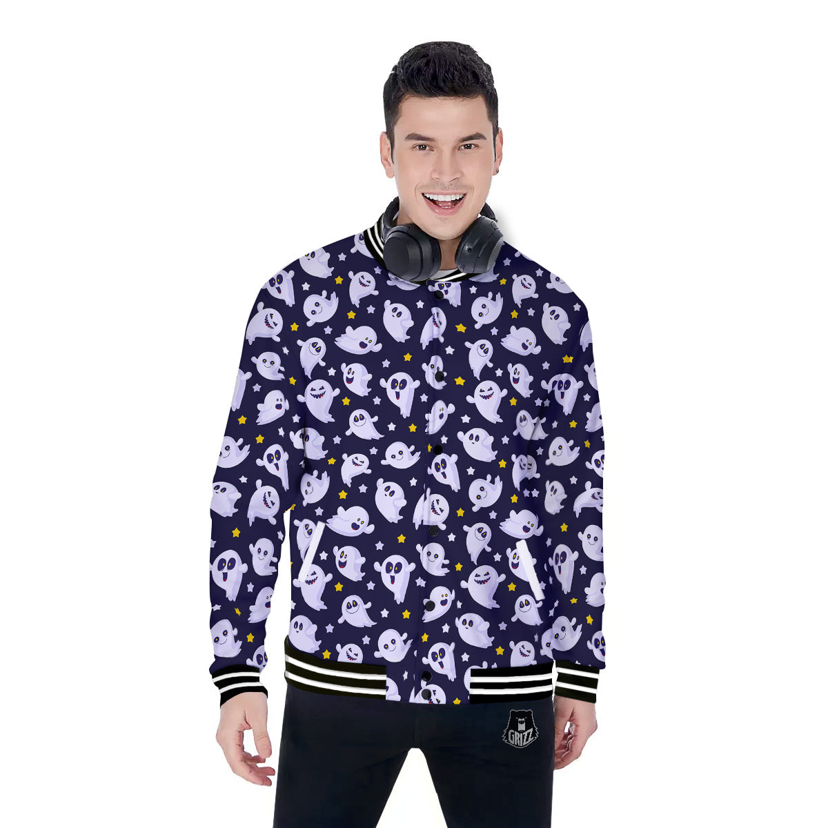 Halloween Cute Ghost Emoji Print Pattern Baseball Jacket-grizzshop