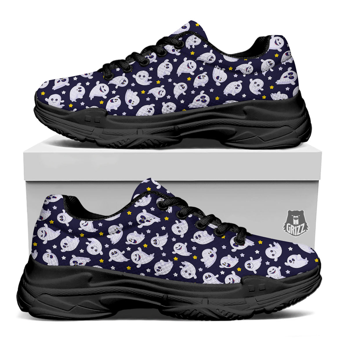 Halloween Cute Ghost Emoji Print Pattern Black Chunky Shoes-grizzshop