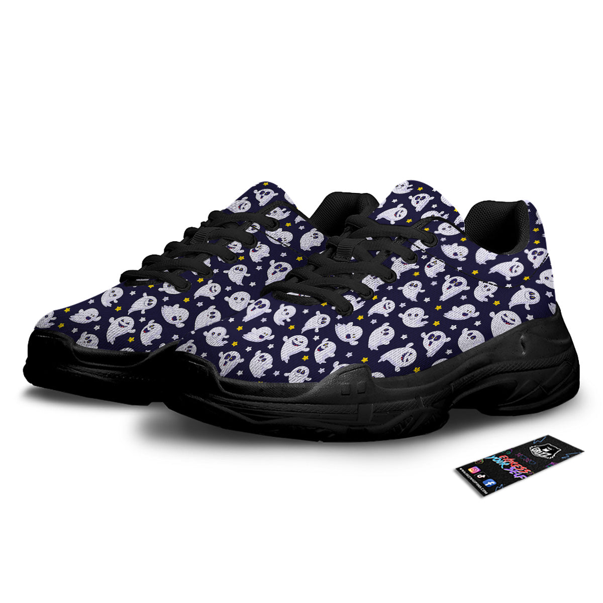 Halloween Cute Ghost Emoji Print Pattern Black Chunky Shoes-grizzshop