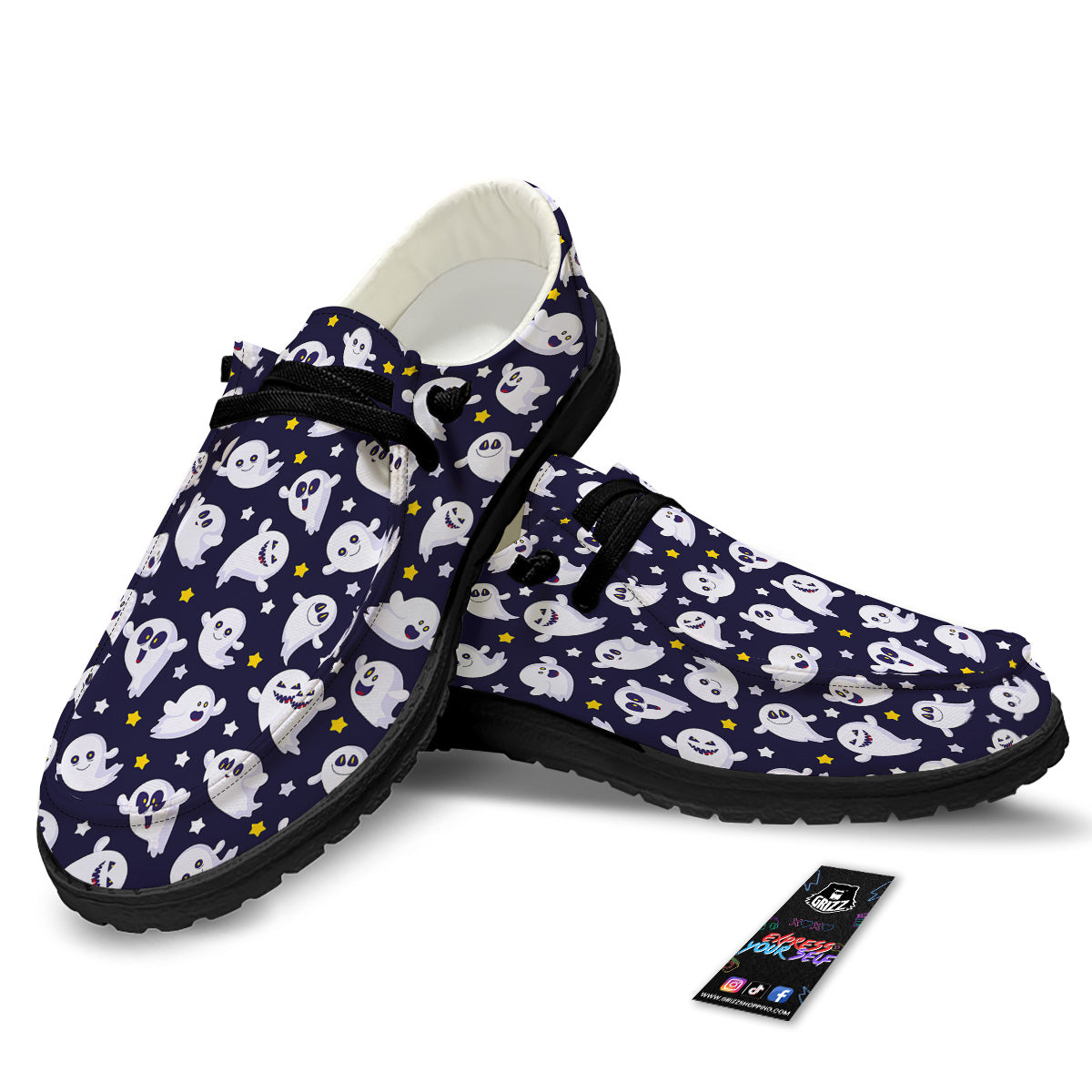 Halloween Cute Ghost Emoji Print Pattern Black Loafers-grizzshop
