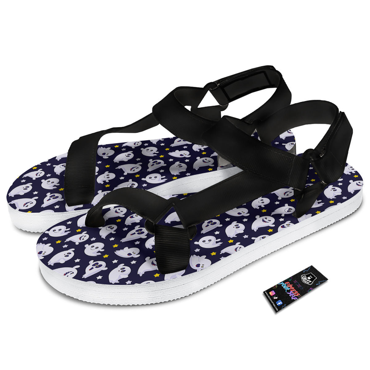 Halloween Cute Ghost Emoji Print Pattern Black Open Toe Sandals-grizzshop