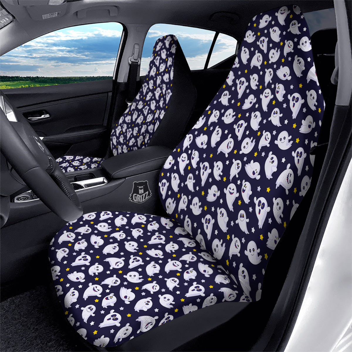 Halloween Cute Ghost Emoji Print Pattern Car Seat Covers-grizzshop