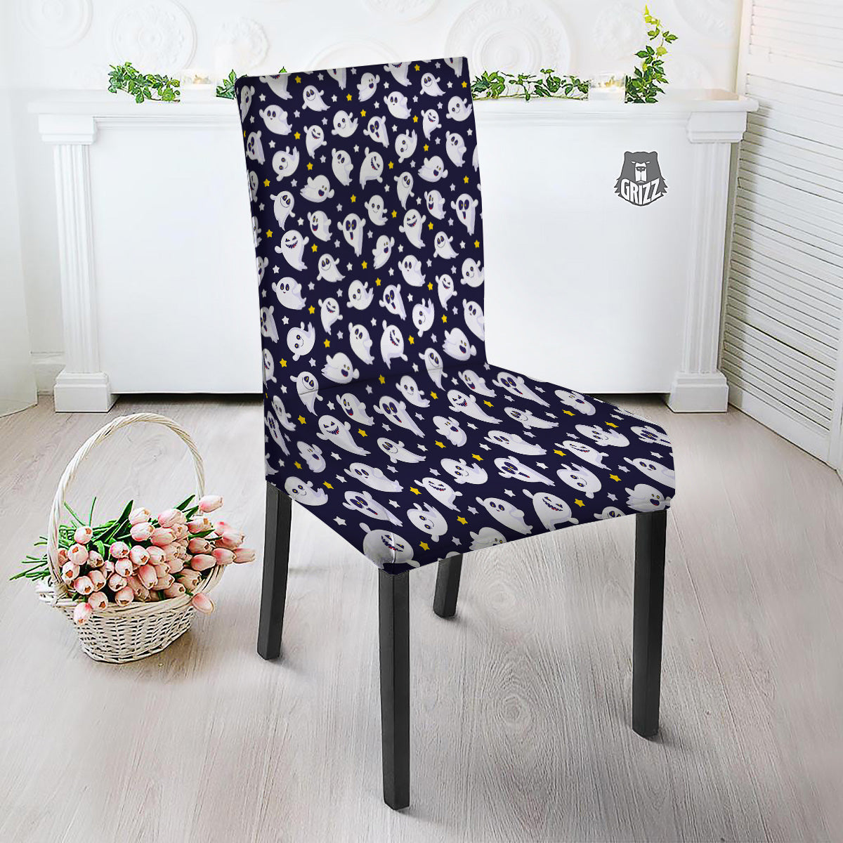 Halloween Cute Ghost Emoji Print Pattern Dining Chair Slipcover-grizzshop
