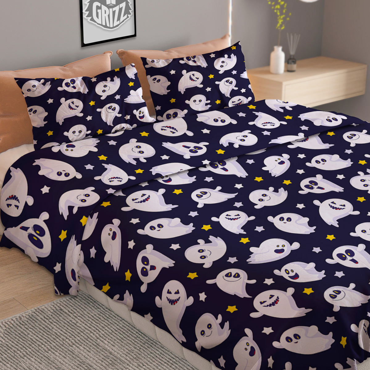 Halloween Cute Ghost Emoji Print Pattern Duvet Cover Bedding Set