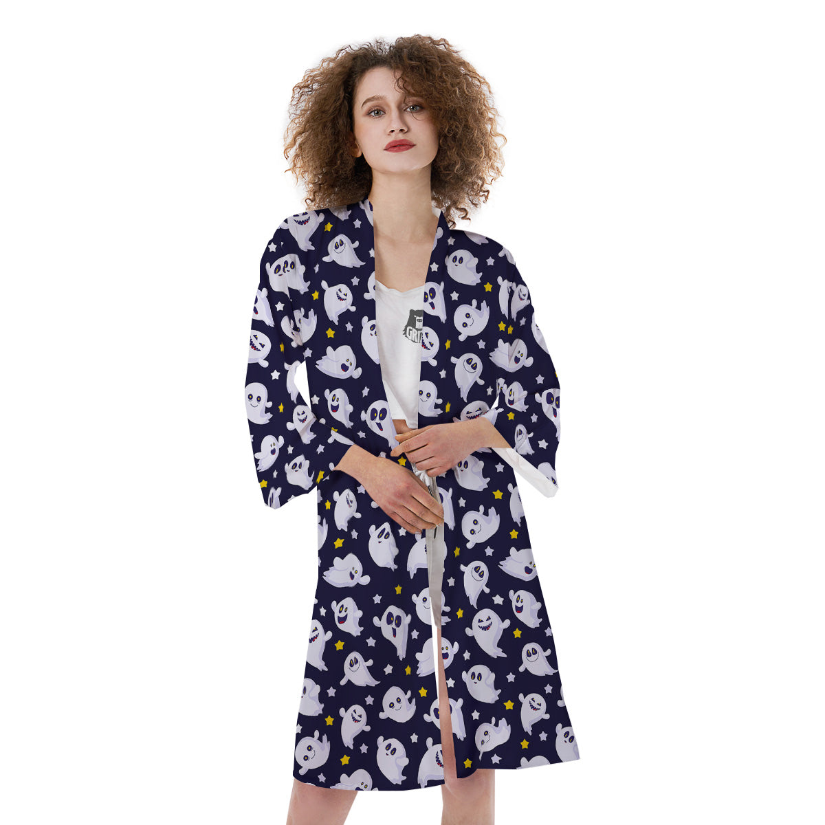 Halloween Cute Ghost Emoji Print Pattern Kimono-grizzshop