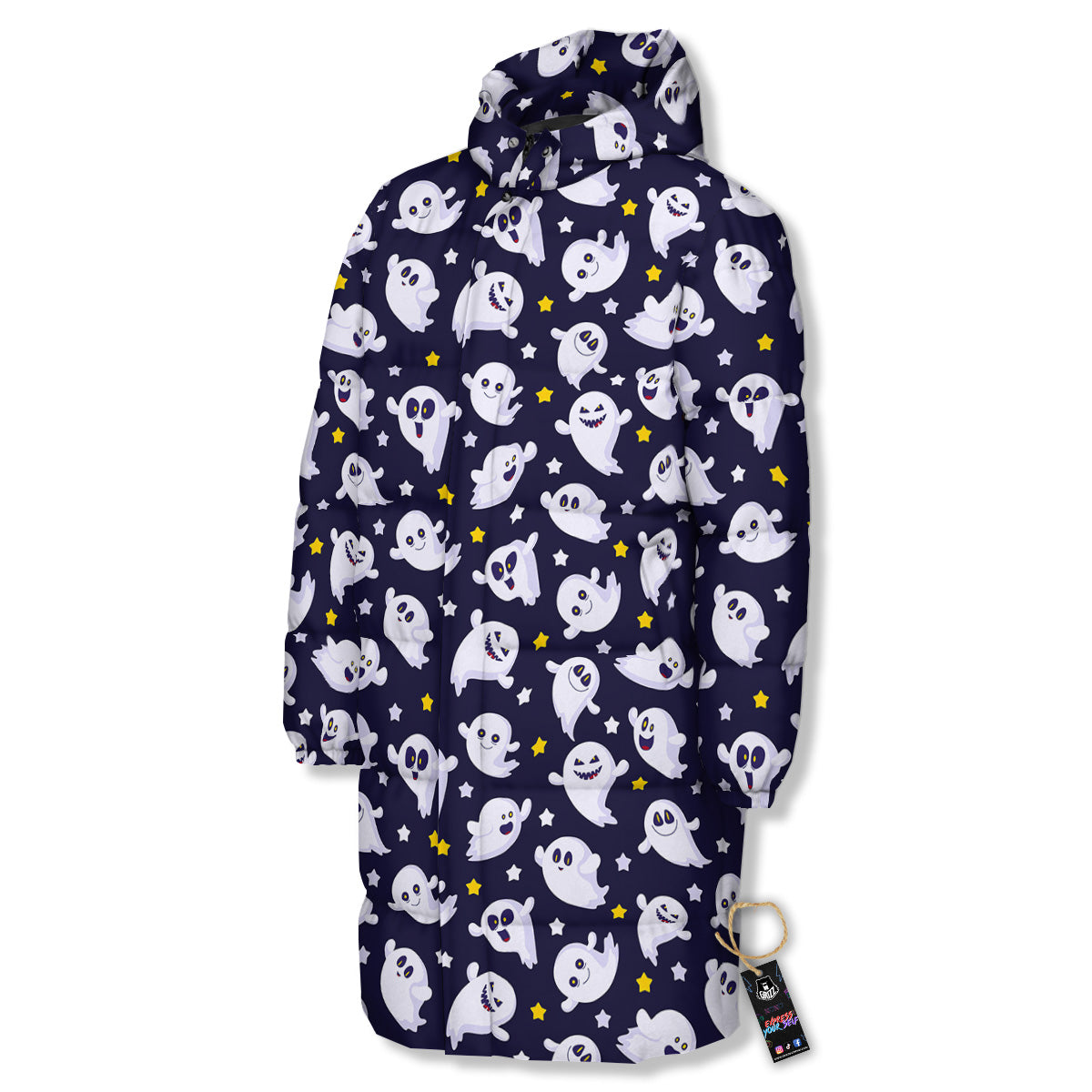 Halloween Cute Ghost Emoji Print Pattern Long Down Jacket-grizzshop