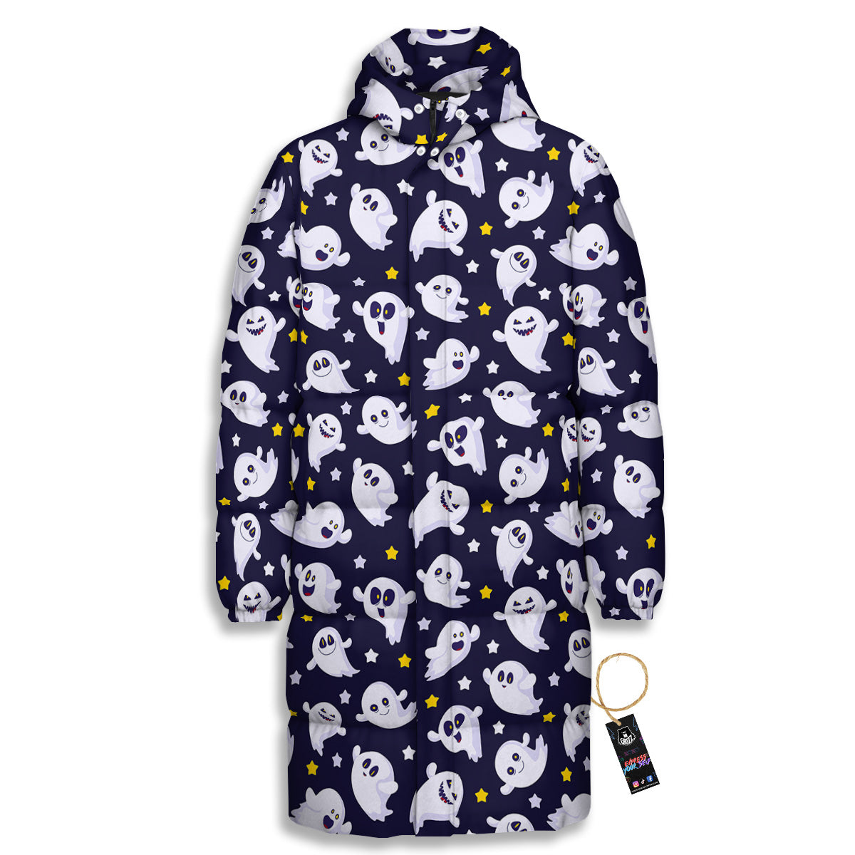 Halloween Cute Ghost Emoji Print Pattern Long Down Jacket-grizzshop