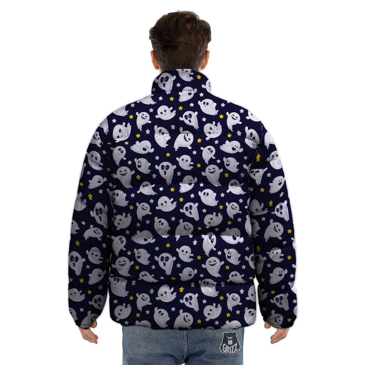 Halloween Cute Ghost Emoji Print Pattern Puffer Jacket-grizzshop