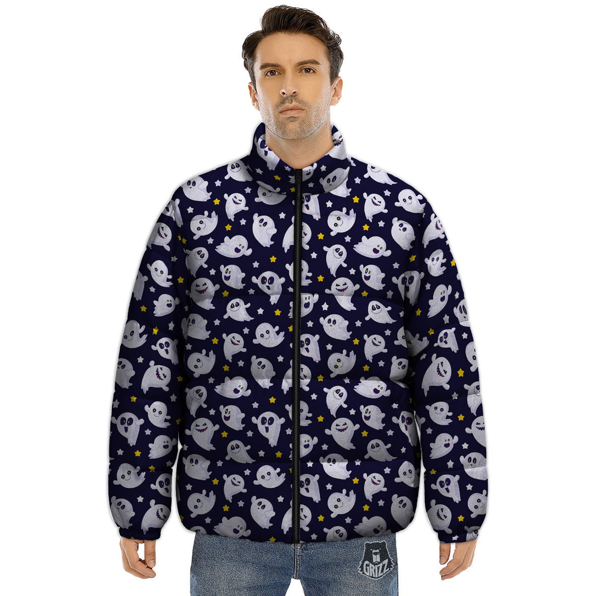 Halloween Cute Ghost Emoji Print Pattern Puffer Jacket-grizzshop