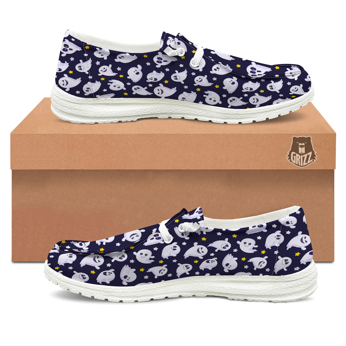 Halloween Cute Ghost Emoji Print Pattern White Loafers-grizzshop