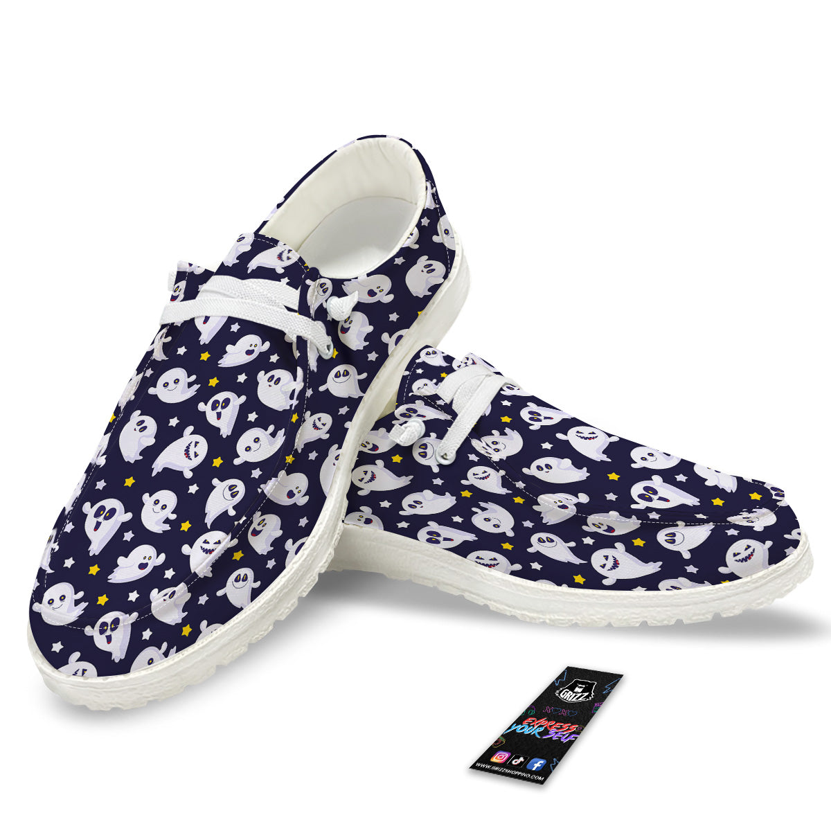 Halloween Cute Ghost Emoji Print Pattern White Loafers-grizzshop