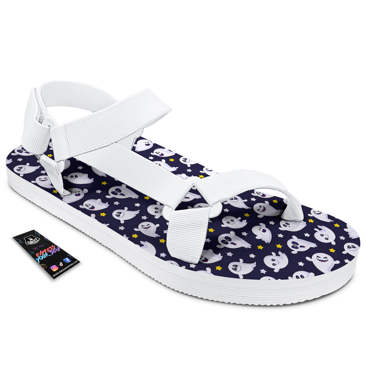 Halloween Cute Ghost Emoji Print Pattern White Open Toe Sandals-grizzshop