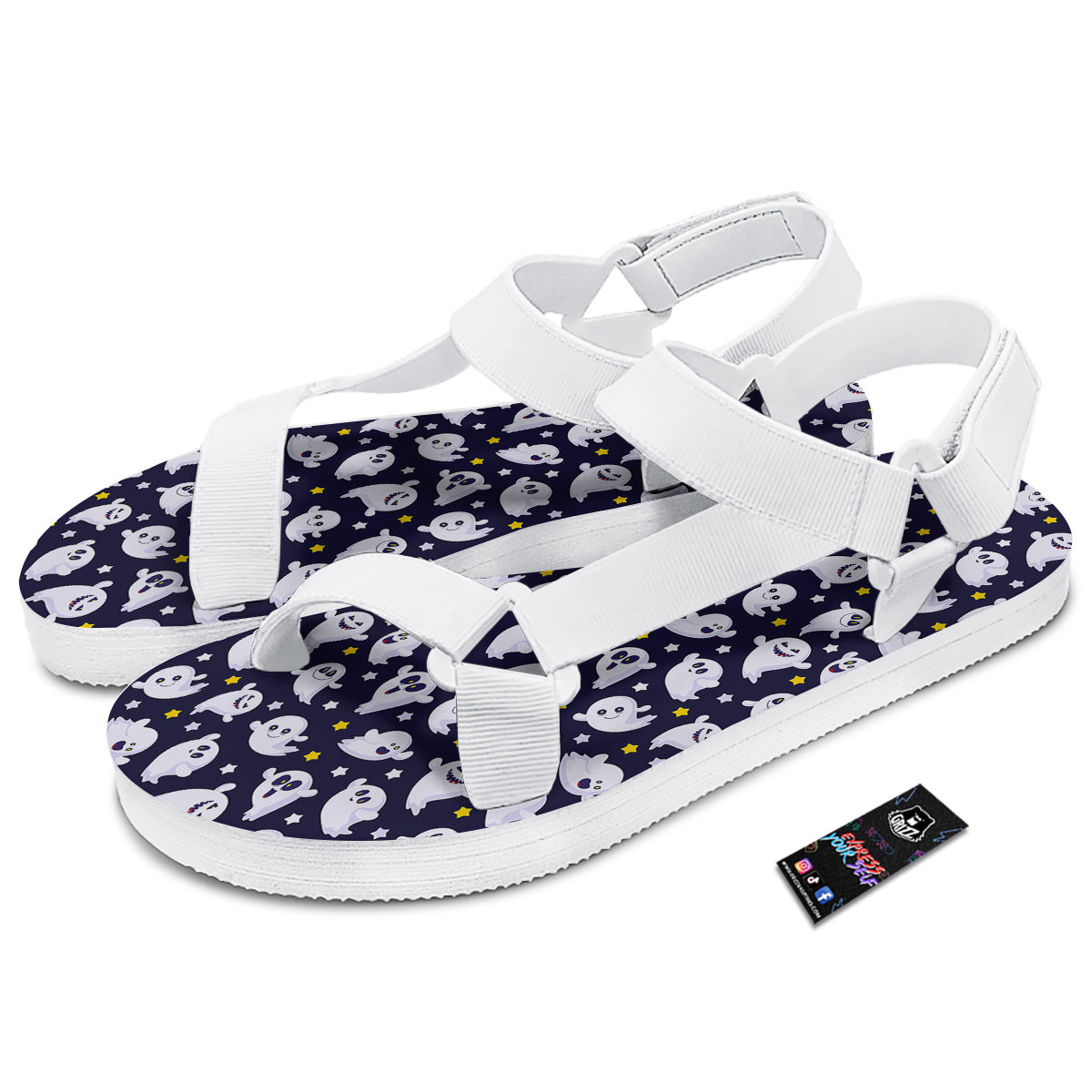 Halloween Cute Ghost Emoji Print Pattern White Open Toe Sandals-grizzshop