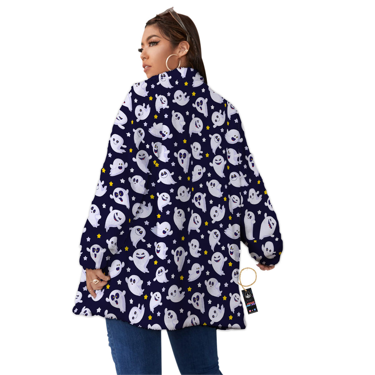 Halloween Cute Ghost Emoji Print Pattern Women's Sherpa Jacket-grizzshop