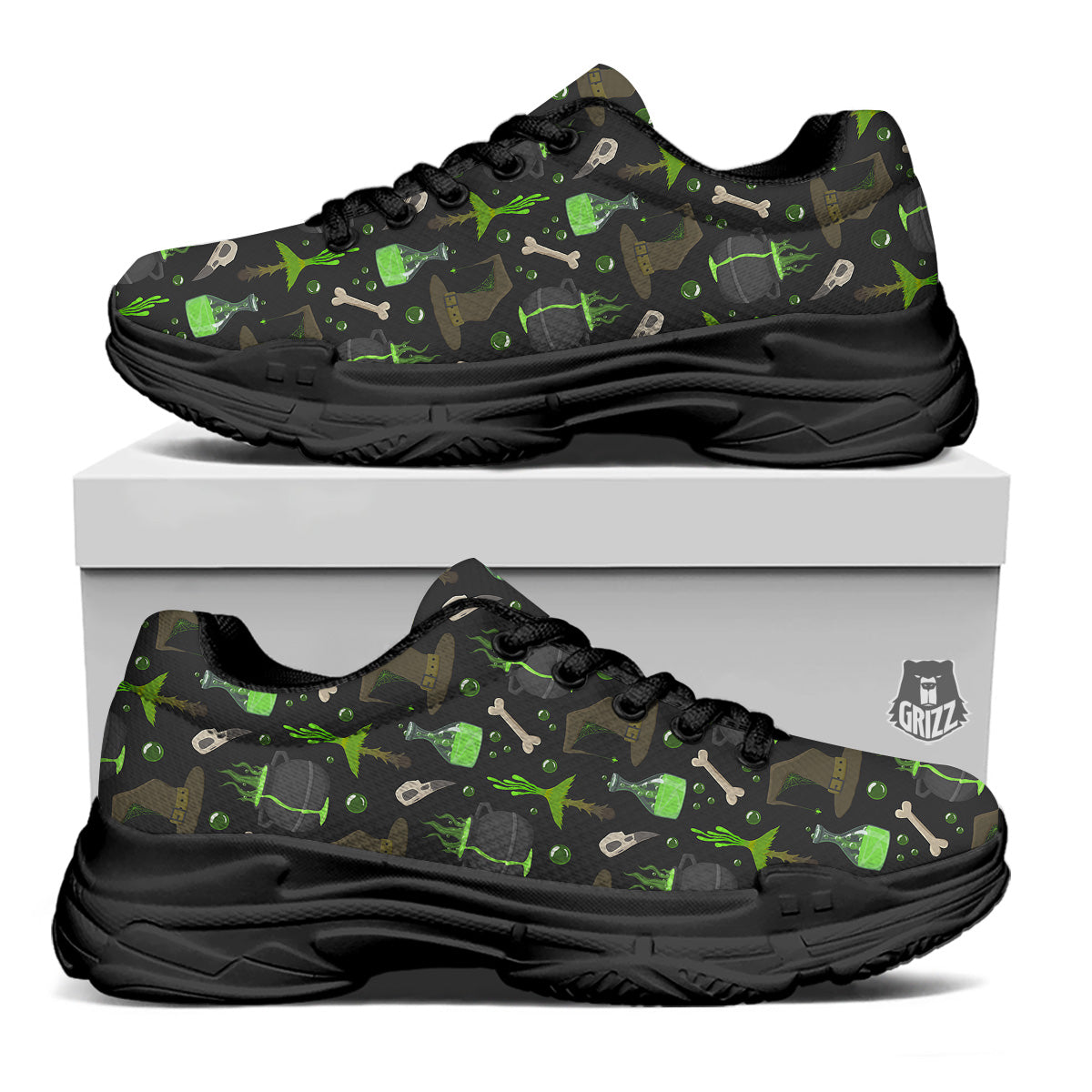Halloween Green Poison Witch Print Pattern Black Chunky Shoes-grizzshop
