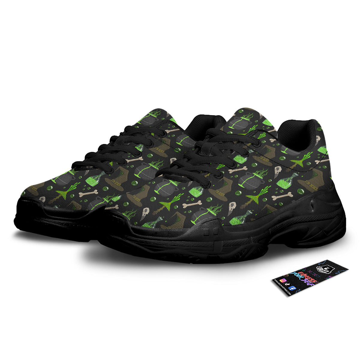 Halloween Green Poison Witch Print Pattern Black Chunky Shoes-grizzshop