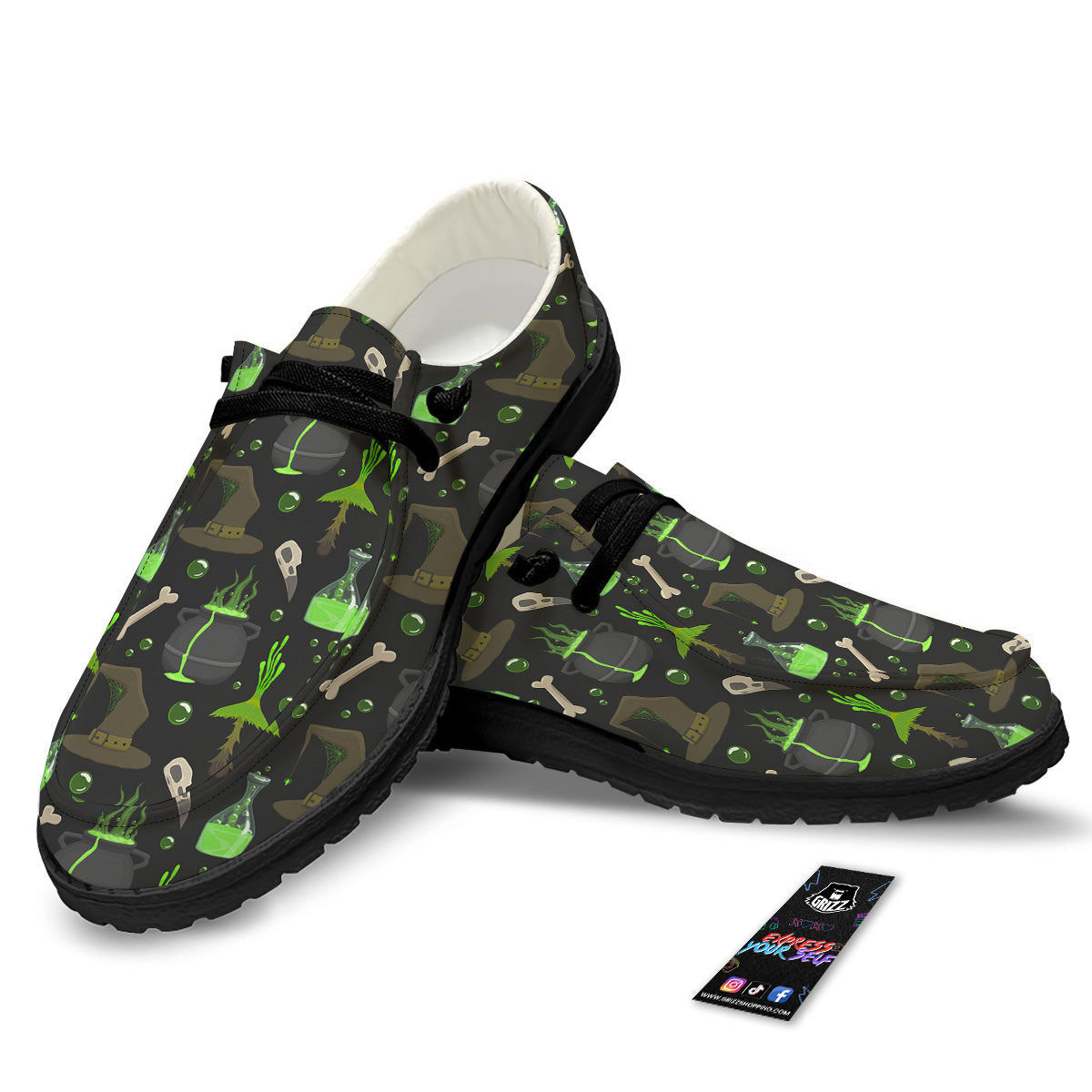 Halloween Green Poison Witch Print Pattern Black Loafers-grizzshop
