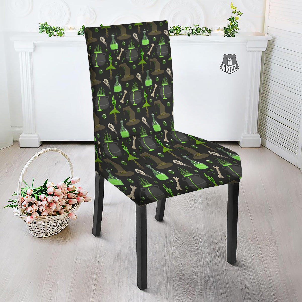 Halloween Green Poison Witch Print Pattern Dining Chair Slipcover-grizzshop