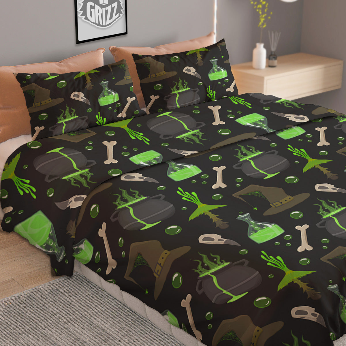 Halloween Green Poison Witch Print Pattern Duvet Cover Bedding Set